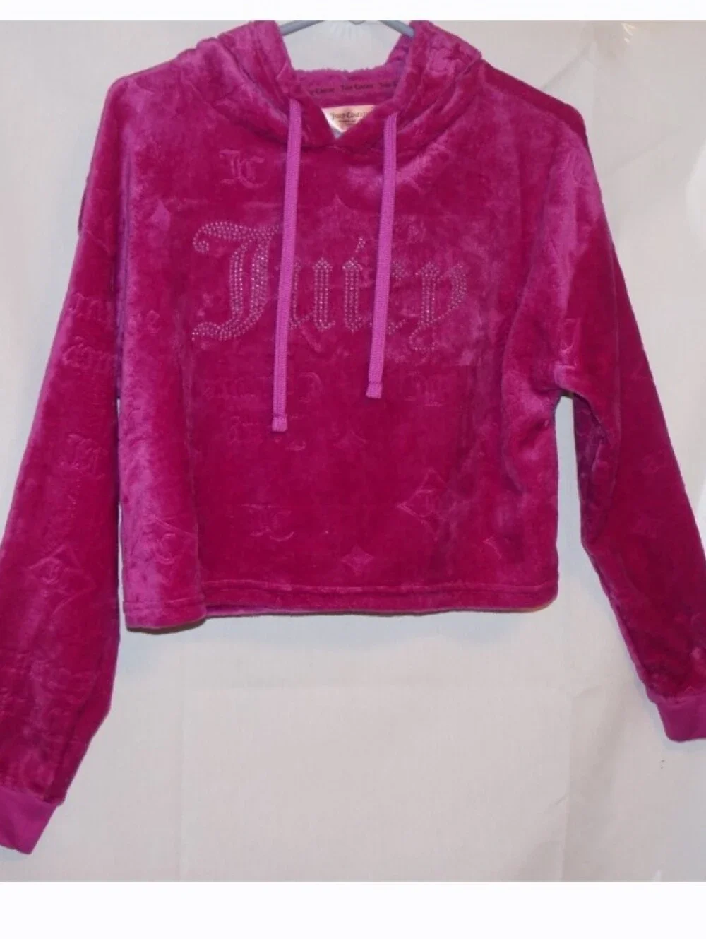 Y2K Juicy Couture Velour Cropped Hoodie Sequins Pink Jumper  Girls XL Sleepwear